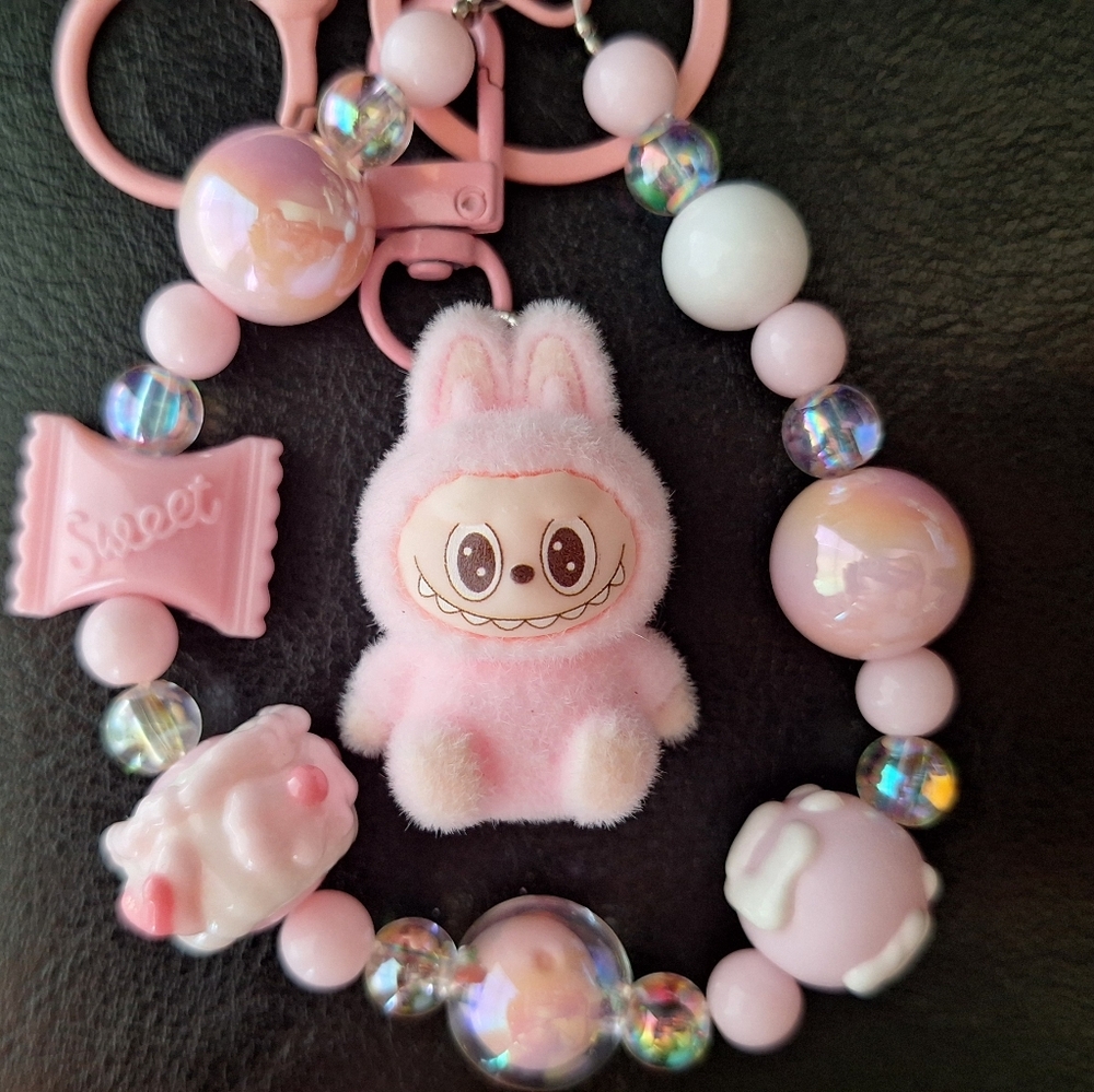 Miniature Labubu Keychain with Charms pink ( No Offers )